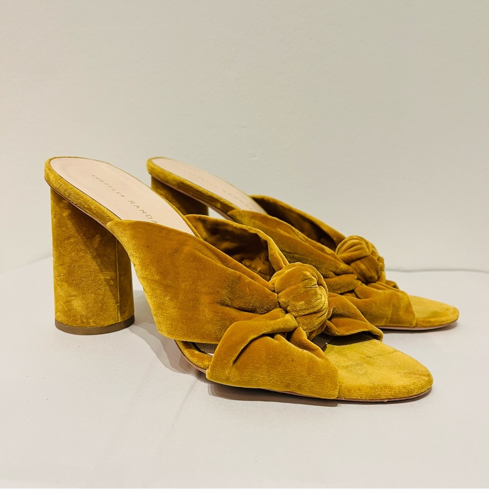 $395 Marigold Yellow Loeffler Randall “Coco” Velvet Block Heels Shoes Sz 9 B